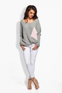 LS166 Sweter oversize z kieszenią jasnoszary-pudrowy róż