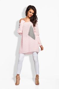 LS166 Sweter oversize z kieszenią pudrowy róż-jasnoszary