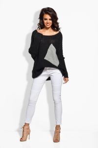 LS166 Sweter oversize z kieszenią czarny-jasnoszary