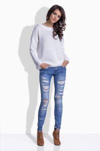 LS176  Sweter oversize z uroczą satynową kokardką biały