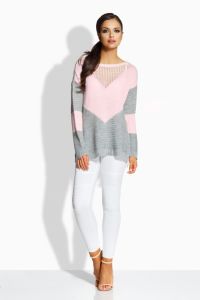 LS185  Kobiecy dwukolorowy sweterek pudrowy róż-jasnoszary