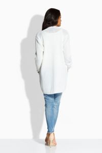 EM601 Długi sweterek z kontrastującymi kieszeniami biały-jasnoszary