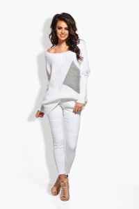 LS166 Sweter oversize z kieszenią biały-jasnoszary