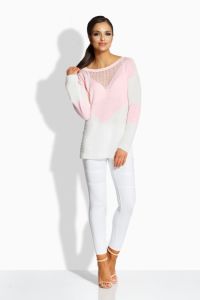 LS185  Kobiecy dwukolorowy sweterek pudrowy róż-ekri