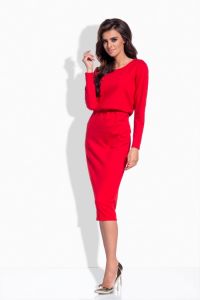 L149  Klasyczna dłuższa taliowana sukienka czerwony